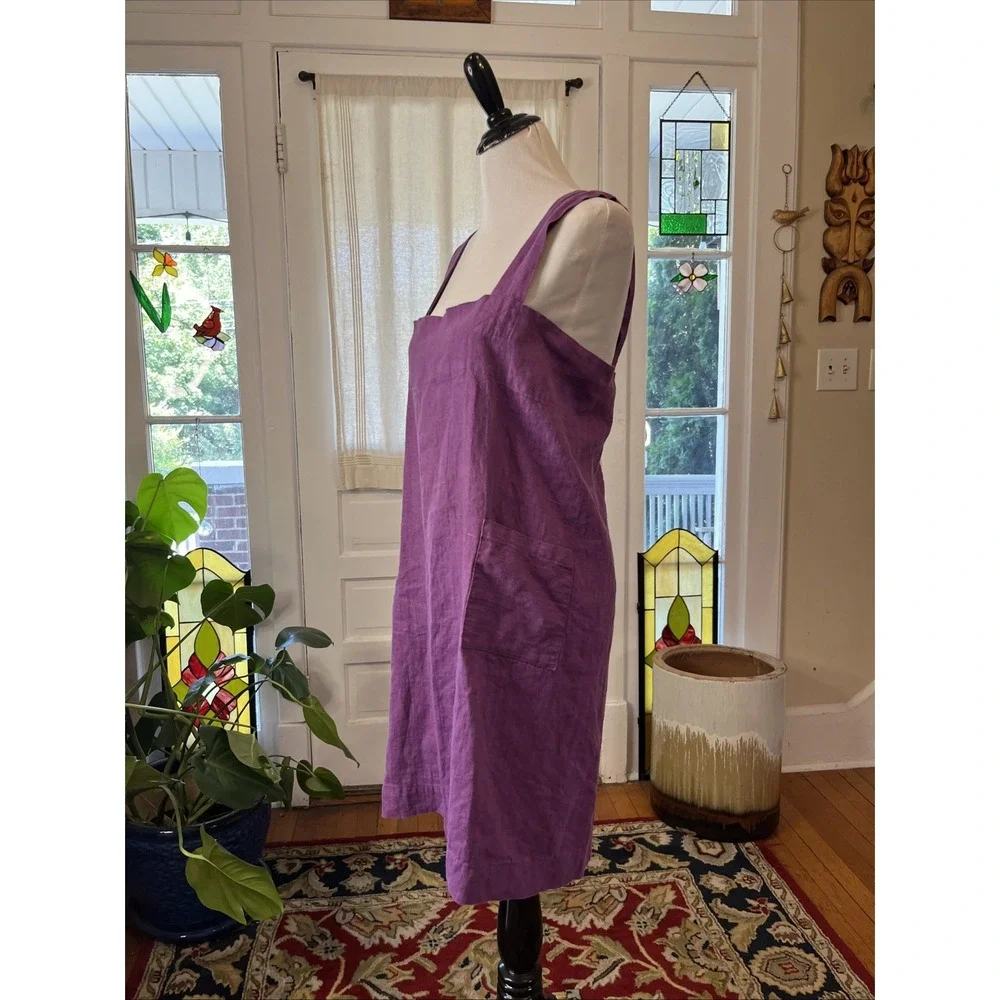M&M 100% Linen Cross Back Smock Apron One Size Purple Molly Morris Design $100